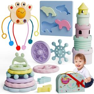 Silicone Baby Teething Toys Gift Set  5-in-1 Silicone Teethers for Babies - Montessori Toys for 1 Year Old - Stacking Cups, Ring Stacker Toy, Pull Toy, Puzzle - Gift Case - BPA-Free, Dishwasher Safe