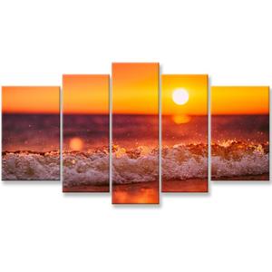 Sunset Wall Art Orange Sea Beach on Tropical Island at Sunset Canvas Pictures Artwork 5 Panel Seascape Painting Prints for Home Living Dining Room Kitchen