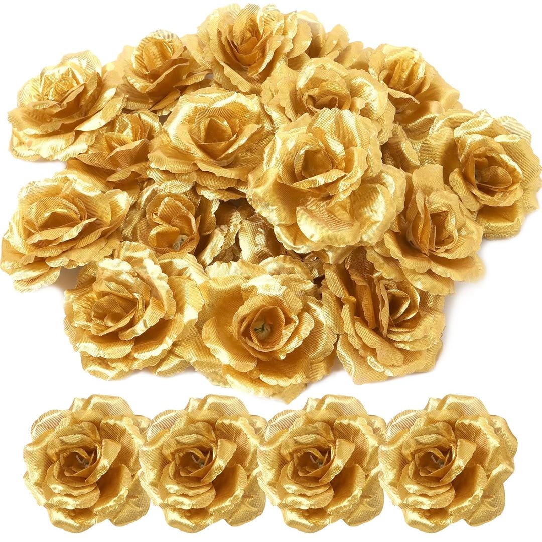 30 Pack Artificial Gold Roses Flowers, Blossom Silk Rose Flower Head,Gold Artificial Silk Rose Flower Heads for DIY Crafts Wedding Party Home Decor
