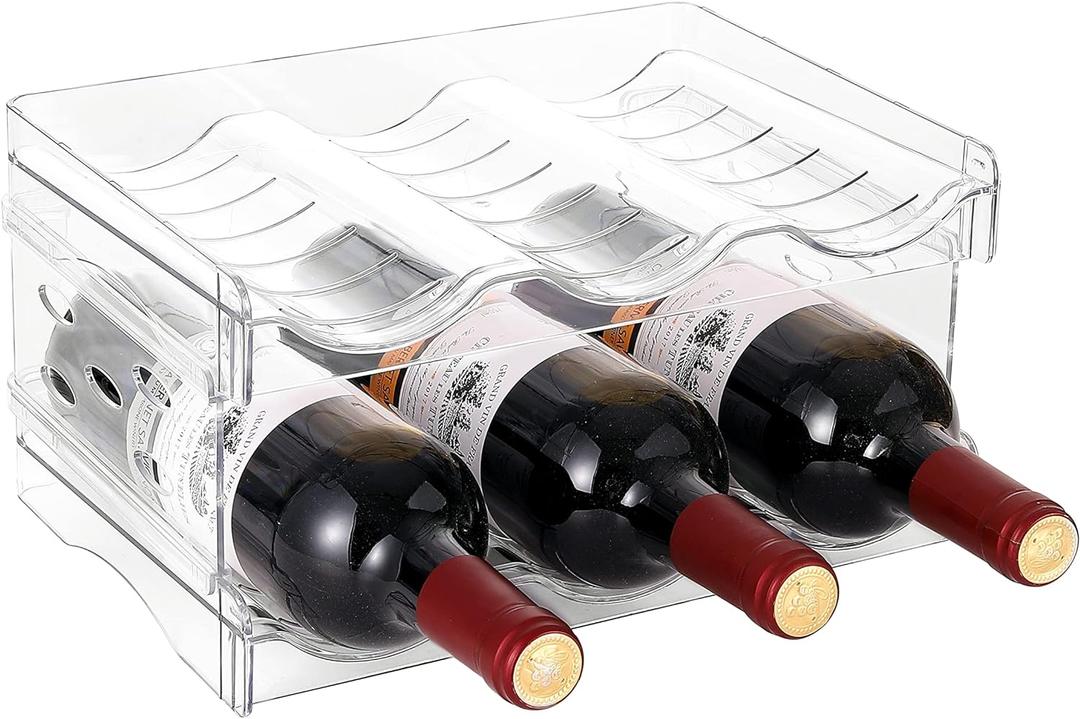 IEEK Plastic Stackable Bottle Storage Holder Rack,Free-Standing Water Bottle/Wine and Drink Organizer Shelf for Kitchen Cabinet,Fridge,Countertop,Pantry,Freezer,2 PackX3 Bottles,Clear (2 Tier-Holds 6 Bottles)
