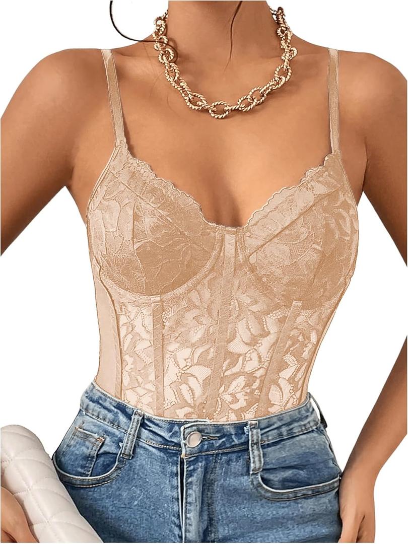 Milumia Women's Sexy Sheer Mesh Lace Bodysuit Spaghetti Strap Bustier Corset Tops Rave Party Club (Apricot) X-Large 