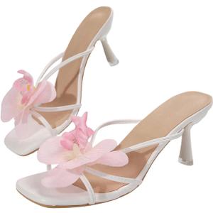 MakeMeChic Women's Open Toe Floral Kitten Heels Flower Summer Beach Sandals (10, White)