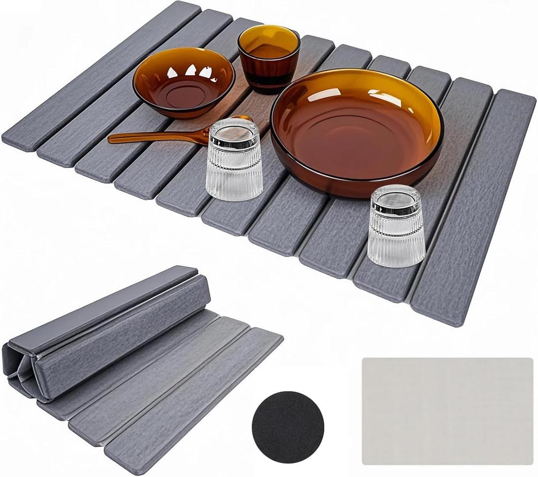 PEAKCLOUDS Large Diatomite Kitchen Counter Drying Mat  24x16, Aesthetic Stone Mat for Dishes, Roll-Up Space-Saving & Quick-Drying Stone Rack, Dark Grey