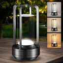 Portable Table Lamp for Outdoor Indoor: Cordless Rechargeable Desk Lamp with 3 Color Stepless Dimmable - Metal Battery Operated Lantern Light for Bedroom/Bar/Coffee Shop/Camping (Black)
