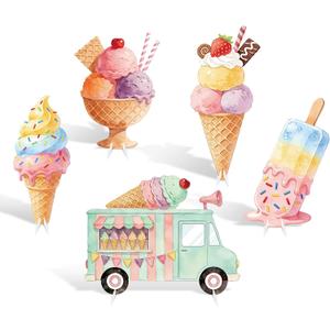 5 PCS 20" Ice Cream Cardboard Cutouts for Birthday Party Decorations, Large Sweet Theme Outdoor Yard Signs, Ice Cream Truck & Cone Standee for Candy Land Party Photo Booth Props Backdrop