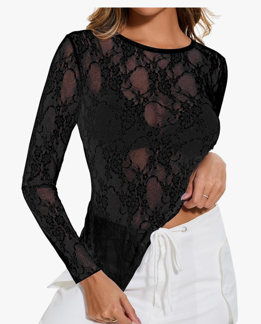 AKEWEI Womens Mesh Long Sleeve Tops Crew Neck Sexy See Through Tee Shirts Party Club Night Lace Blouse XL