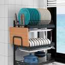 Wall Mounted Stainless Steel Dish Drying Rack Fruit Vegetable Storage Basket with Drainboard and Hanging Chopsticks Cage Knife Holder Kitchen Supplies Shelf Utensils Organizer (3-Tier)