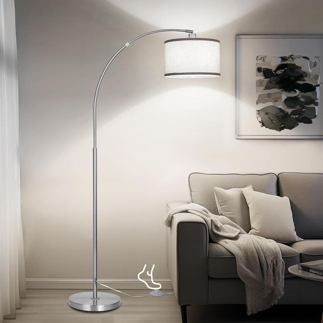 Silver Arc Floor Lamp for Living Room, Modern Standing Lamp with Adjustable Head Tall Pole Lamp with On/Off Pedal Switch Over Couch Arched Tall standing light for Reading Bedroom 8W LED Bulb Included