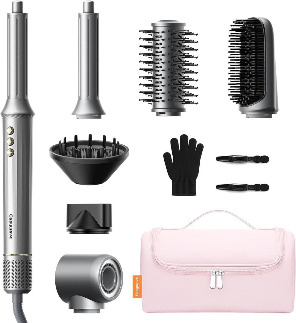 Easywave 7 in 1 Hair Dryer Brush: 110,000 RPM HighSpeed Blow Dryer with Negative Ions for FrizzFree Styling Fast Drying Auto Curling Volumizing Straightening, Hot Air Brush with Travel Bag