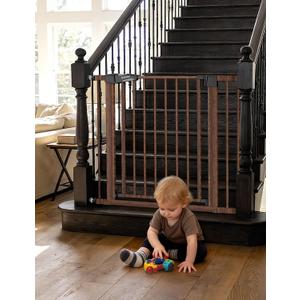 Babelio Baby Gate with Black Wood Pattern, 29-48 Inch Auto Close Dog Gate PressGuard P7 for The House, Stairs and Doorways, Pressure Mounted Pet Gate with Door and Y Spindle Rods