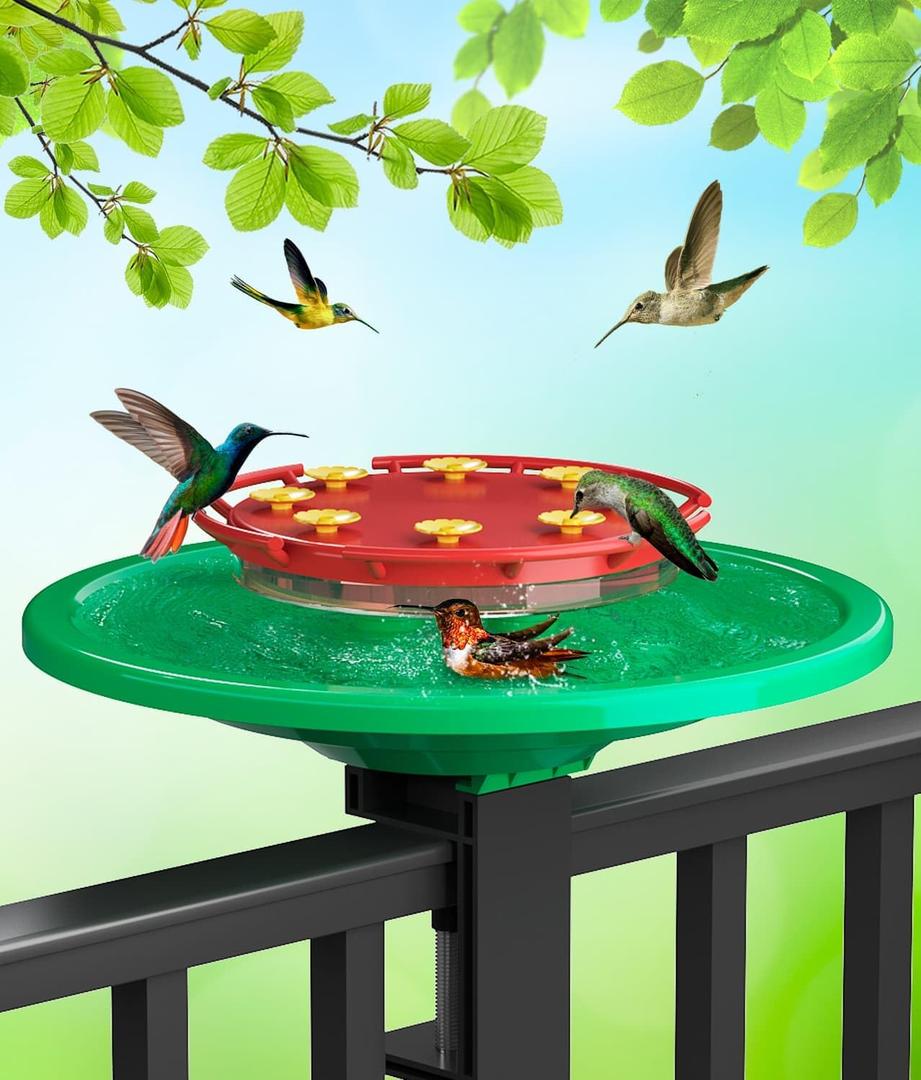 Hummingbird Feeders Outdoors Bird Feeder - Big Ant Moat Perch with 8 Bee Guard Feeding Ports, Adjustable C-Clamp Stand, 13 oz for Outside Garden Yard (Green and red)