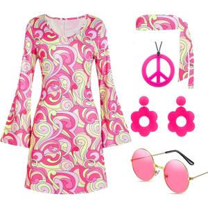 Deerjoke 60s 70s Disco Outfit Hippie Costume Women, 1970 Style Clothes Dress Peace Sign Accessories Jewelry Halloween (Pink, Medium)