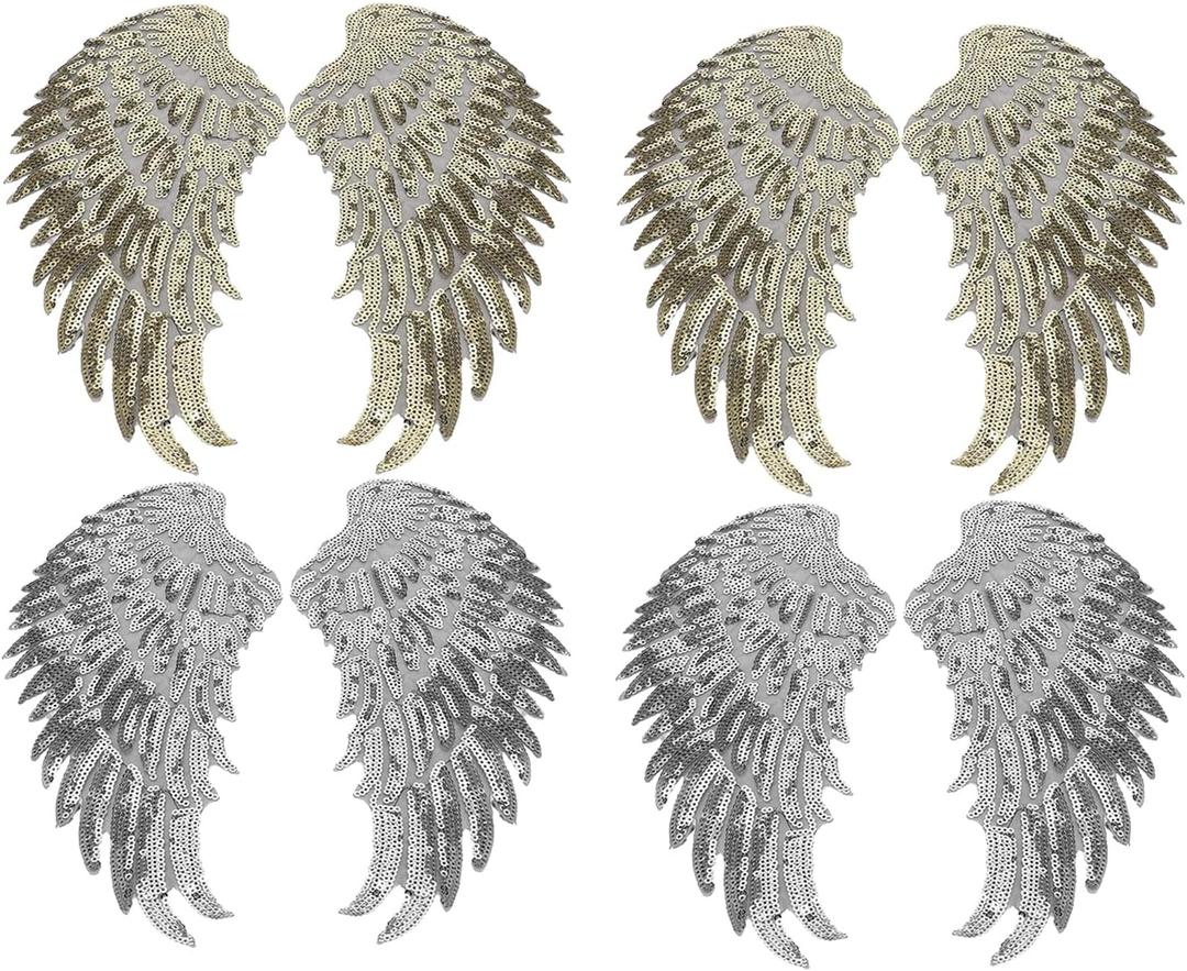 Sequins Angel Wings, 4 Pairs Iron on or Sew on Sequin Patch DIY Embroidered Applique Bling for Jackets Cloth Decoration Accessory