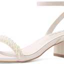 Shoe'N Tale White Heels for Women Low Chunky Block Heel Square Open Toe Heeled Sandals Size 10 Cream White