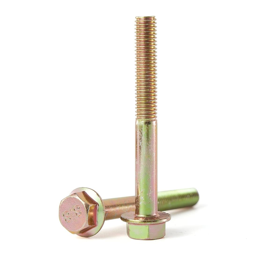 M10 x 90mm 6pcs Flanged Hex Head Bolts, M10 x 1.5 Bolts, Flange Hexagon Head Screws, 8.8 Grade Alloy Steel, Yellow Zinc Plated, Metric Half Thread