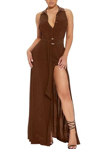 Split Maxi Dress for Women Sleeveless Button Down Collar V Neck Party Cocktail Bodycon Long Dress with Belted Brown Medium