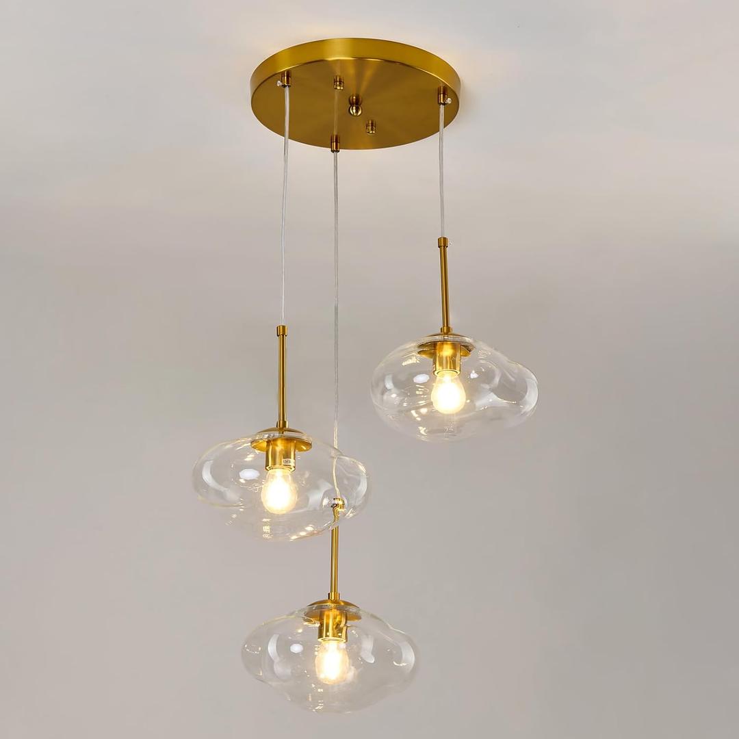 3-Light Gold Chandelier Modern Kitchen Island Pendant Light with Clear Glass Globe Shades Adjustable Height Flush Mount Ceiling Light Fixture for Dining Room Bedroom Living Room.
