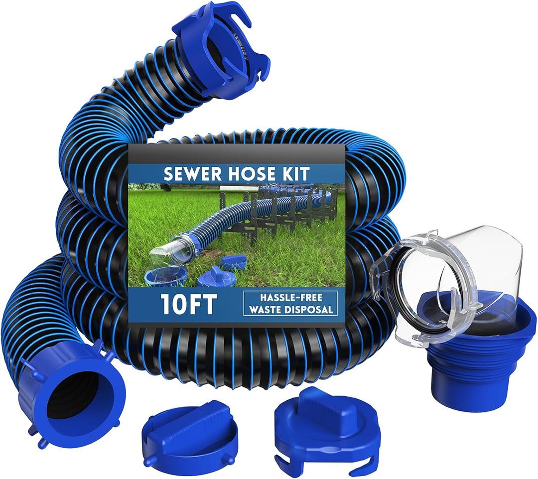 DUMPMAN RV Sewer Hose 10 Ft, Sewer Hose for RV Camper RV, Sewer Hose Kit with Swivel Fitting - Includes 90 Degree Clear View Sewer Adapter, and 2 Storage Caps
