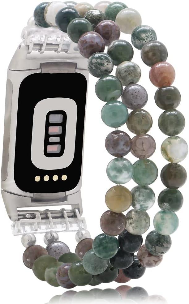 C&L Accessories Compatible with Fitbit Charge 6/5 Natural Gemstone Beaded Handmade Adjustable Bracelet Replacement Band for Women (Indian Agate)