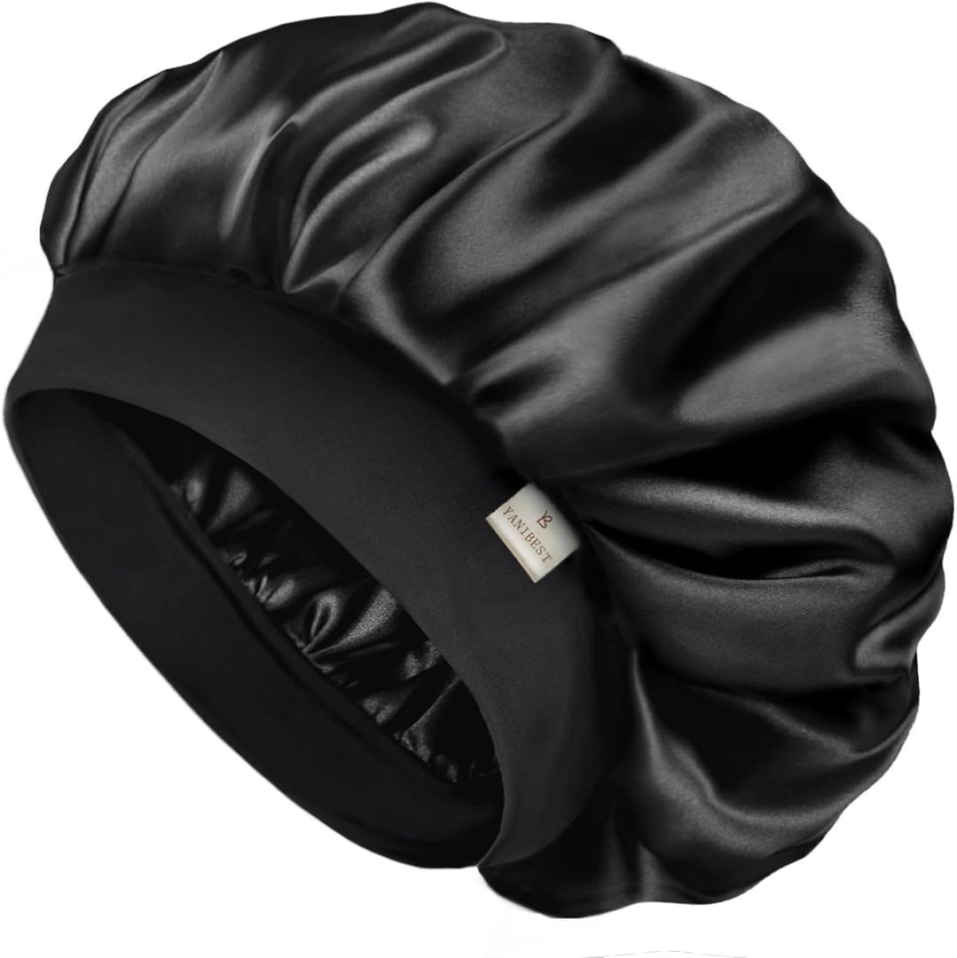 YANIBEST Silk Bonnet for Men Women Hair Bonnet for Sleeping Double Layer Satin Bonnet for Natural Curly Hair Unisex Sleep Cap (Black)