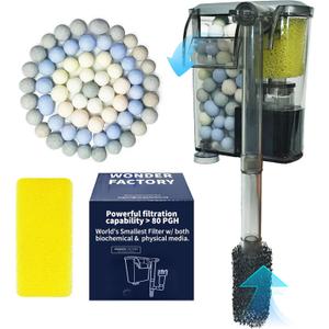 Wonderfactory 80 GPH Filter for 1 to 5 Gallon Fish Tank, Hang-On Back Ultra-Quiet Small Aquarium Filter Included Sponge Ceramic Media Filtration Aquariums Powerful Water Pump Biological Material