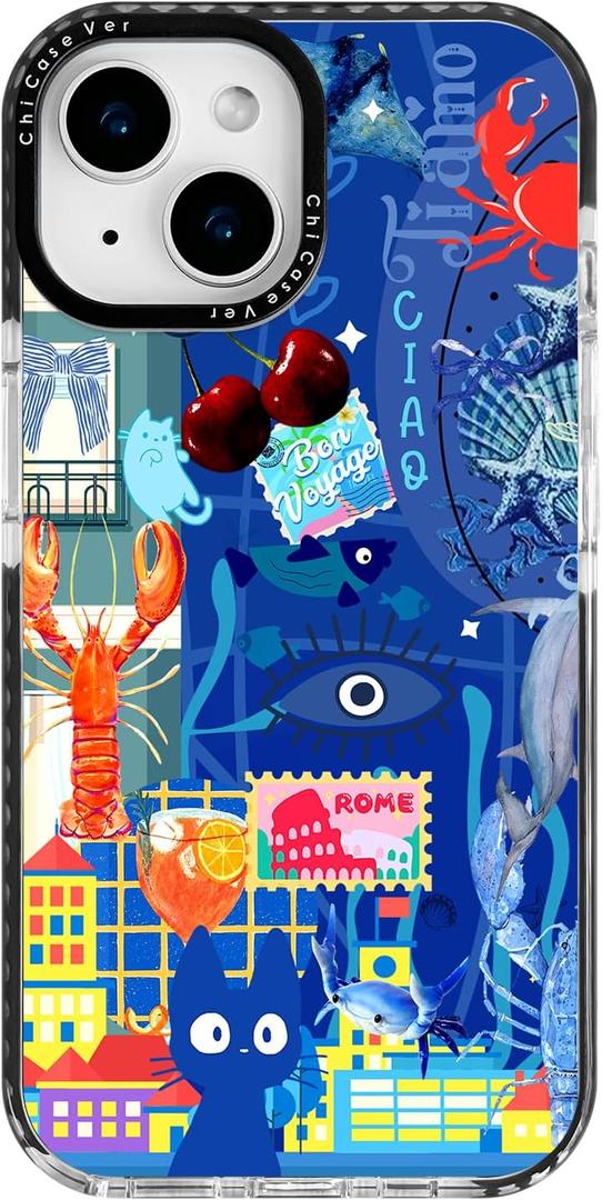 for iPhone 13 Case Travel Adventure Collage Pattern Military Grade Drop Protection Voyage Slim TPU Cover with Camera Protection for Women Girls Men Boys Travel Lovers (BlueRome)