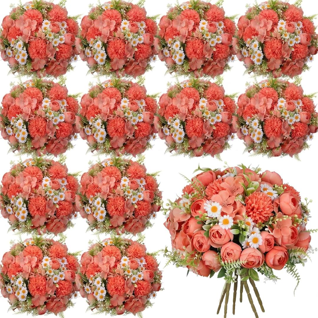 Tigeen Peonies Artificial Flowers Faux Roses Silk Flowers Hydrangea Artificial Bouquet for Wedding Table Centerpiece Floral Vase Home Office Bridal Decor(Watermelon Red,12 Bundles)