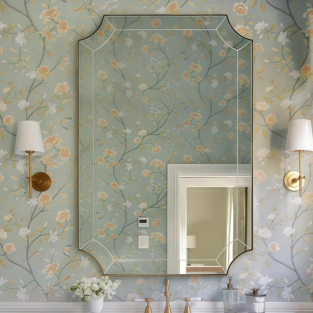 MOON MIRROR 24x36 Scalloped Mirror, Gold Rectangle Wall Mirror with Scallop Corner, Non-Rusting Vanity Mirror with Curved Cutouts Hangs Horizontal & Vertical