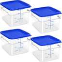 4 Pack Food Storage Containers with Blue Lids, 6.0 Qt - Square, Clear, Polycarbonate, for Restaurant Commercial Kitchen and Home party