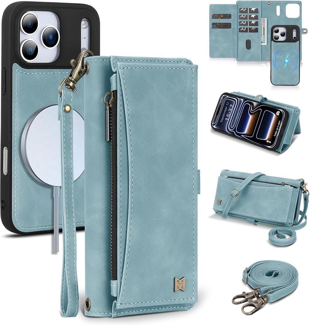Wallet Case for iPhone 17 Pro with Card Holder/Crossbody Wallet/Strap,[RFID Blocking][Magnetic] PU Leather Phone Case for iPhone 17 Pro,6.3 in,Dream Blue