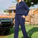 difficort Women's 2 Piece Outfits Sweatsuit Casual Lapel Half Zip Sweatshirts Straight Leg Pants Tracksuit Travel Lounge Set (Blue, XXL)