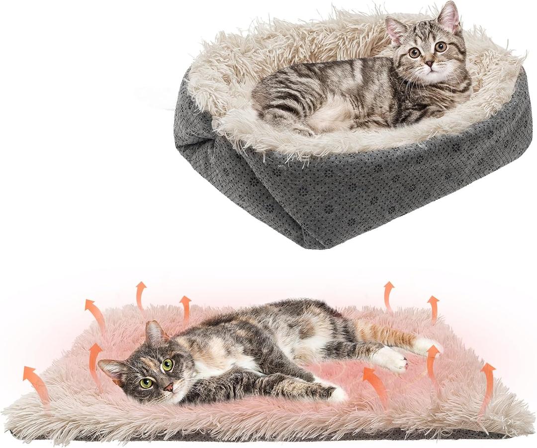PUPTECK Furry Self Warming Cat Bed Mat - Foldable Convertible Thermal Cat Sleeping Bag Pad, Comfy Pet Heated Nest Mat Anti-Slip for Puppy
