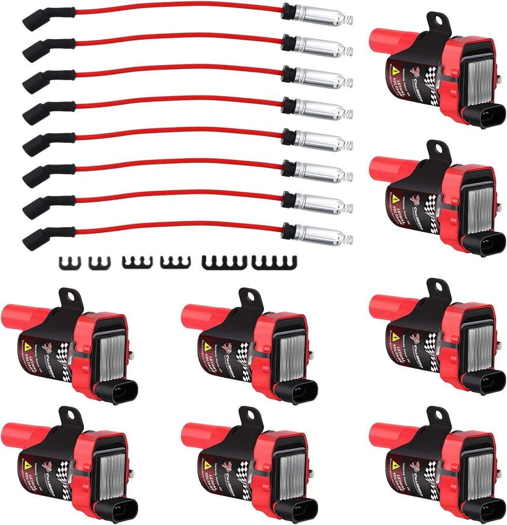 8-Pack UF262 Round Ignition Coils & 748UU Spark Plug Wires Set - Compatible with Chevy Silverado/GMC Sierra 4.8L 5.3L 6.0L V8 (1999-2007) Replaces 12573190, 12622553, 610-02839 D585