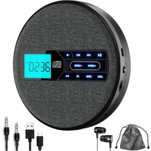CD Player Portable, Rechargeable Portable CD Player with Dual Speakers and Anti Skip,CD,USB,AUX,LCD Display,Backlit Button,5 EQ,A-B Repeat,10 Speeds for Home Car Fabric, Black