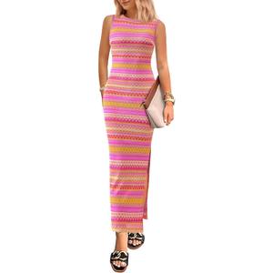 PRETTYGARDEN Womens Maxi Tank Spring Dress Sleeveless Crew Neck Striped Side Slit Casual Long Bodycon Dresses (Pink, XL)