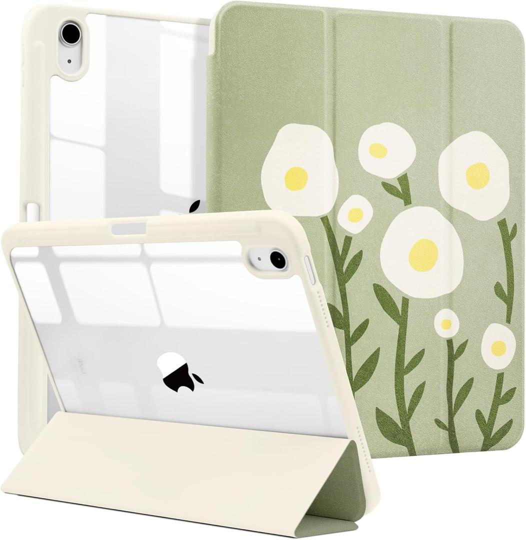 MrARTIST for iPad A16/10th Generation Case - Tablet Case Cute for Women Girls Girly Kawaii Aesthetic Preppy Kawaii Chic Cool Design for Apple Tablet Cover with Pencil Holder, White Flowers