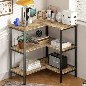 VECELO Corner Cabinet Table with 3 Tier Open Shelf, Multipurpose Display Organizer Storage Stand, for Small Space Living Room Home Office Kitchen,Oak Grey