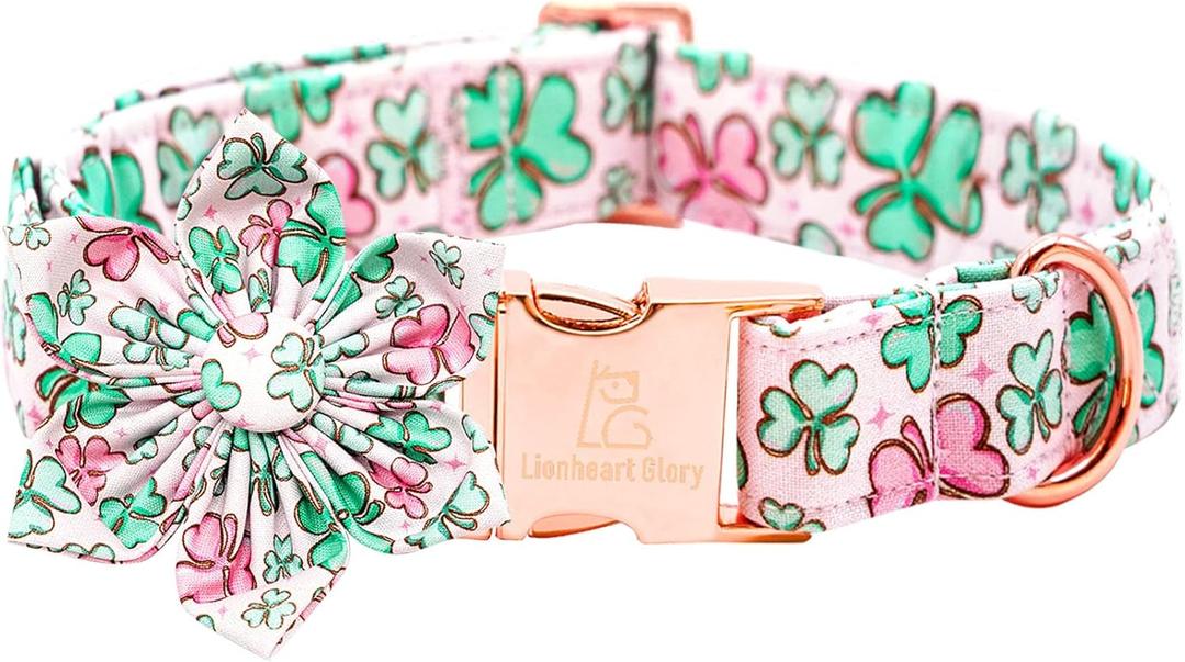 Lionheart glory St. Patrick's Day Dog Collar with Flower Dog Collar for Large Dogs, Green Collars Lucky Clover Shamrock Dog Collar Flower Pet Collar Bows Heavy Duty