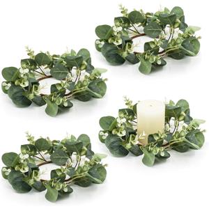 Bacucine 4Pcs Candle Rings Artificial Eucalyptus Leaves Wreaths Artificial Greenery Boho Garland for Wedding Door Wall Window Home Decor