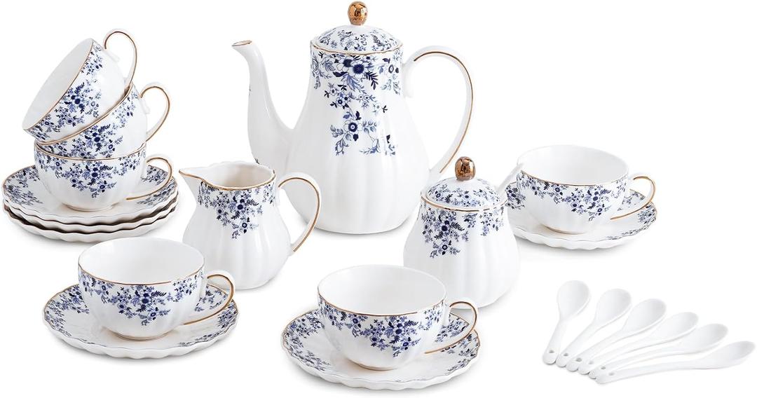 Ceramic Tea Set Vintage Floral,Teapot， Cup and Saucer Set, Sugar Bowl and Creamer Pitcher with Spoons (Little Blue Flowers)