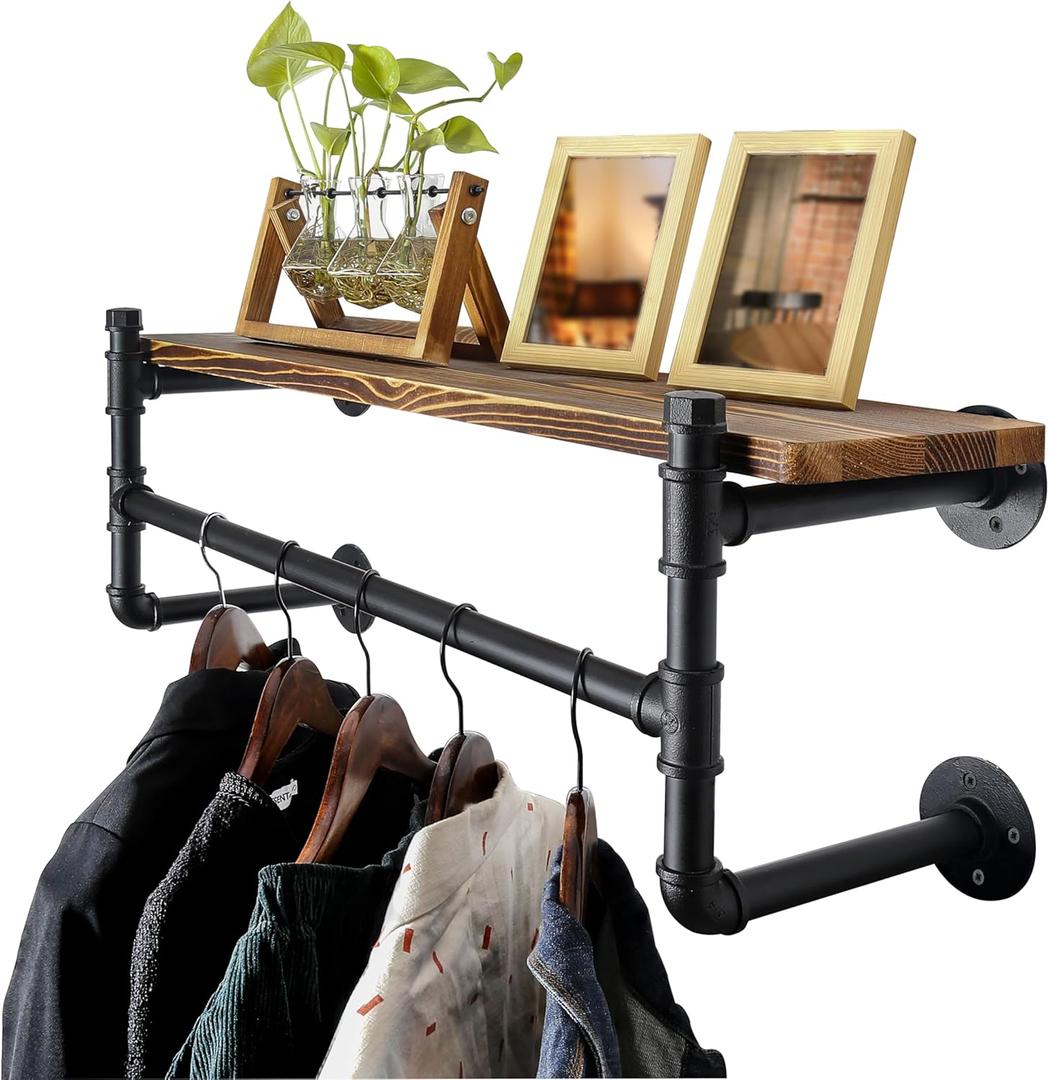 WEBI Wall Mounted Clothes Rack with Shelf,24" Industrial Pipe Clothing Rack with Shelves,Heavy Duty Iron Garment Bar,Retail Display Clothes Rod for Laundry Room,Black