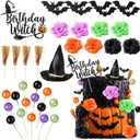 Geelin 38 Pcs Witch Theme Party Supplies Pink and Green Witch Hat Birthday Cake Topper Halloween Mini Broom and Artificial Rose Head Bat Bow Cake Decorations for Women(Bat)