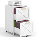2 Drawer Small File Cabinet with Wheels, Farmhouse Vertical Filing Cabinet Fits A4/Letter Size, Under Desk Rolling File Cabinets for Home Office, Wooden Printer Stand, White