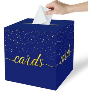 Blue Card BoxDark Blue Wedding Card Box for Graduation Bridal or Baby Showers, Birthday, Retirement, Anniversary Decoration Raffle Ticket, Money Box (Dark Blue and GoldPatternless top)