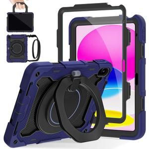 ROISKIN Case for iPad A16 11th Generation 11 Inch 2025, iPad 10th Generation Case 10.9" for Kids with Screen Protector,360 Kickstand & Handle,Shoulder Strap,Heavy Duty Military Grade Drop Protection (No Pen Holder, Navy Blue)