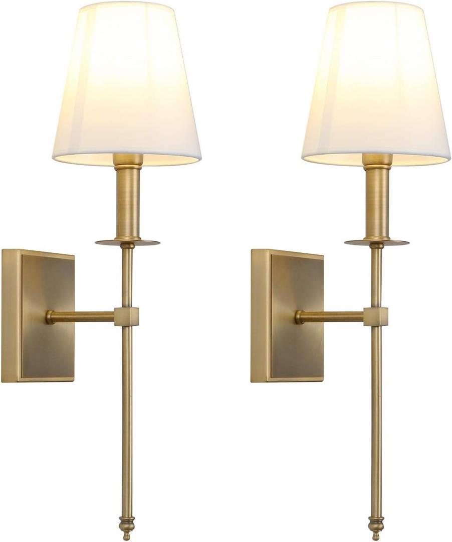 PERMO Set of 2 Classic Rustic Industrial Wall Sconce Lighting Fixture with Flared White Textile Lamp Shade and Antique Brass Tapered Column Stand, Hardwired, E26 Base