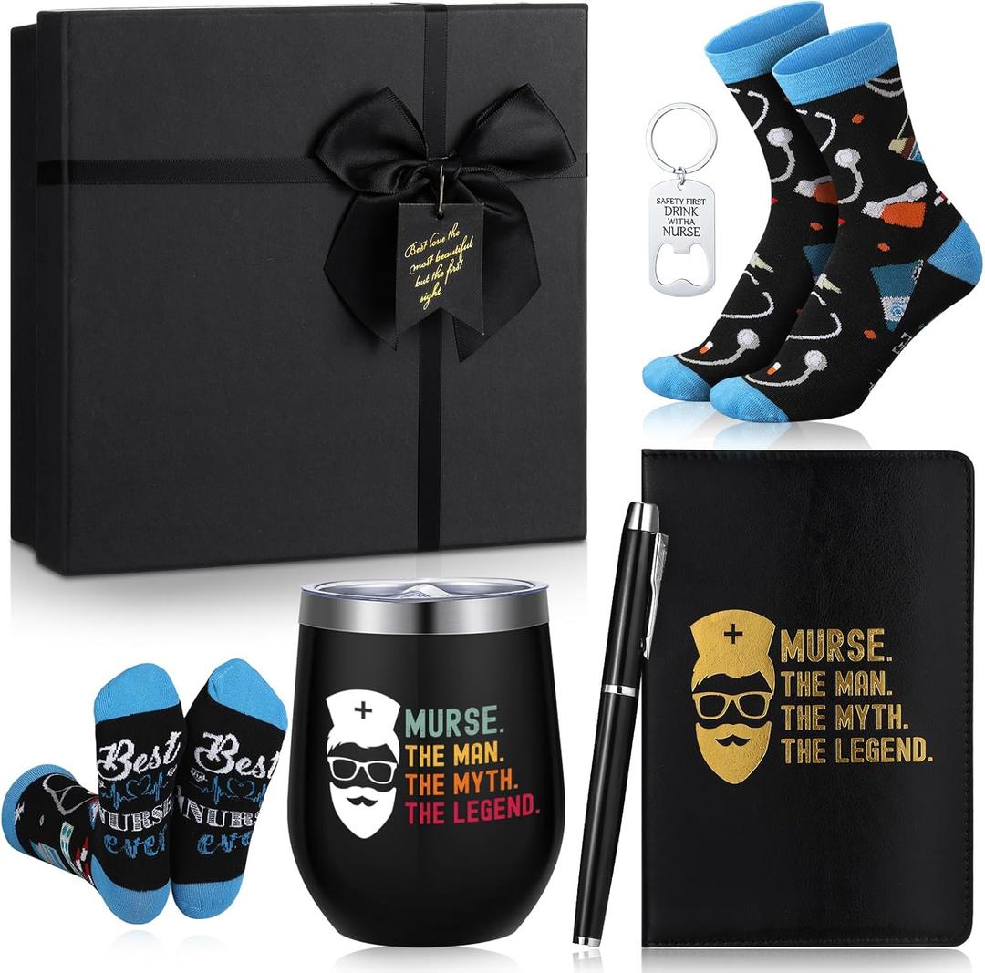 6 Pcs Nurses Gifts for Men Male Nurse Nursing Appreciation Gifts 12 oz Stainless Steel Cup Socks Keychain Pen Notebook Box for Male Doctor Medical Assistants Practitioner Nursing