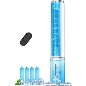 42 INCH Portable Swamp Cooler Air Conditioner w/4 Modes & 3 Speeds, 1-Gal Tank for 15H Cooling Evaporative Air Cooler, 12H Timer, Remote, 90° Oscillating Windowless Air Conditioner for Bedroom