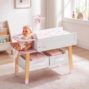ROBUD Wooden All-in-One Baby Doll Changing Table with Mattress, Removable Sink, 2 Fabric Drawers, Bed Bell, Doll Furniture with Realistic Details for Kids 3+, Fits Dolls Up to 20 in, Pink
