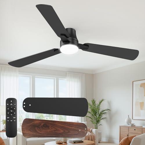 OSTIVE Ceiling Fans with Lights and Remote: 52 Inch Modern Ceiling Fan, Low Profile Flush Mount, Quiet Reversible DC Motor & 3CCT Dimmable LED for Bedroom Living Room Kitchen Indoor Home (Black)